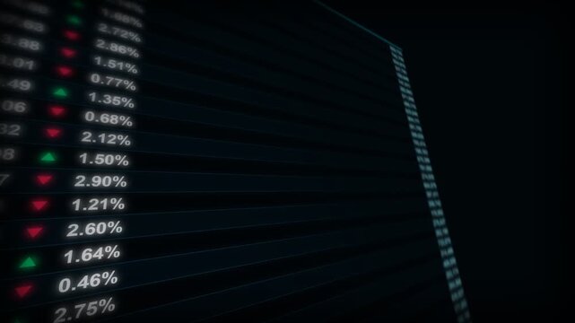 Macro shot of cyan digital stock market monitor with flashing numbers changing business finance motion graphics