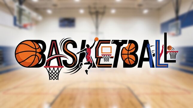 Basketball typography with player dunking and hoop sports graphic element