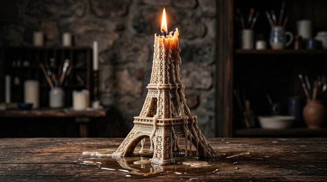 Eiffel Tower wax candle melting on wooden table travel souvenir home decor