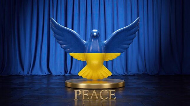 Dove sculpture with Ukraine flag colors on gold pedestal international peace support
