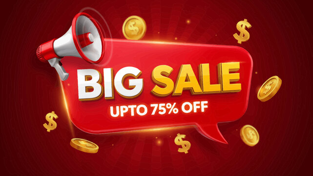 A red speech bubble with a megaphone and golden coins promoting a big sale event with seventy five percent off discount for retail marketing