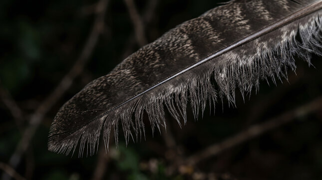 Macro close-up of an owl wing feather showing intricate texture and soft downy edges.