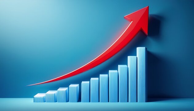rising bar chart with red arrow showing business growth and financial success on light blue background for corporate data presentation and reporting