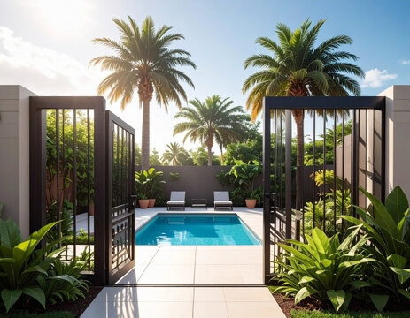 A self closing black metal safety gate leads to a modern backyard pool area surrounded by lush green garden plants.