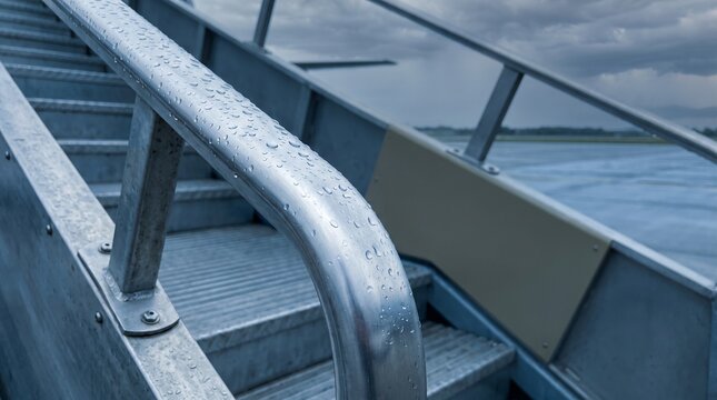 Rain beads on passenger stair rails before severe weather