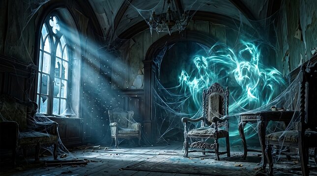 Ethereal glowing spirits manifesting in a derelict abandoned gothic room with dust motes in sunbeams