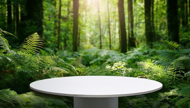 round white table in a lush green forest