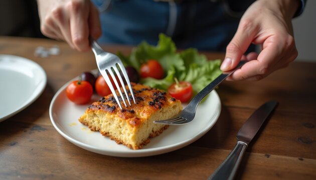 Delicious meal with slice of savory frittata on plate garnished with fresh cherry tomatoes and green salad. Meal preparation includes cutting frittata with fork and knife.