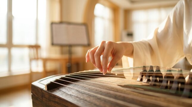 Woman Playing Guzheng and Enjoying Music