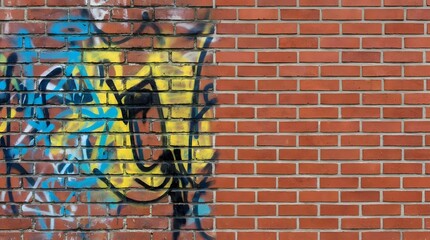 Naklejka premium Urban brick wall texture showing contrast between colorful street art graffiti and clean restored red bricks