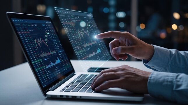 A man uses a laptop for trading while looking at a glowing finance screen showing the stock market.