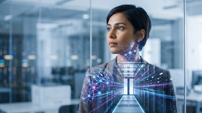 A confident woman in technology looking at a server room with artificial intelligence and a digital network overlay.