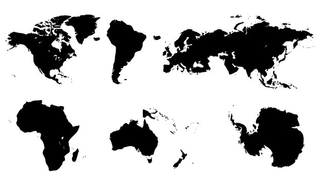 World continents black silhouettes vector set with detailed global maps isolated on white background for geography education projects