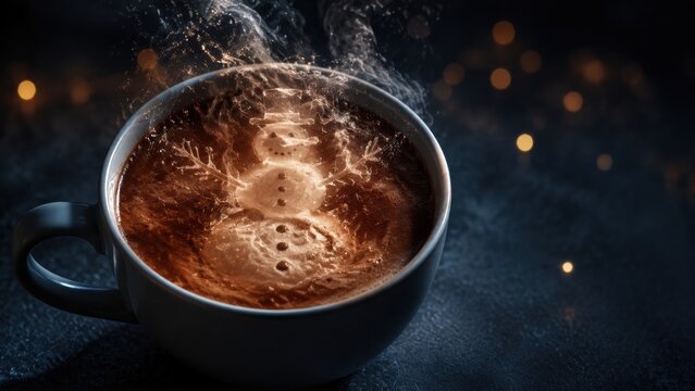 A hot coffee cup features a magical snowman made of rising steam in a dark setting.
