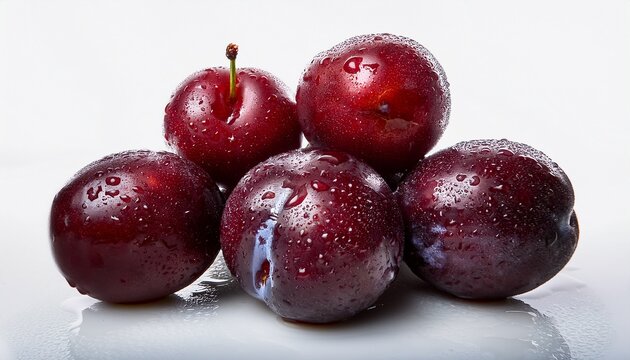 fresh ripe dark plums presenting healthy raw organic fruit pile with water droplets on white background
