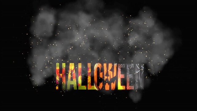 
Spooky Halloween text animation featuring autumn leaf patterns, floating gold particles, and eerie gray smoke drifting over a solid black background
