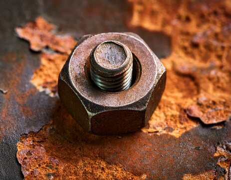 a macro shot showcasing a heavily weathered and oxidized metal bolt and nut assembly attached to a textured decaying industrial surface damaged oxidation pattern