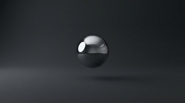 Shiny chrome sphere levitating in a dark, minimalist studio setting with subtle reflections