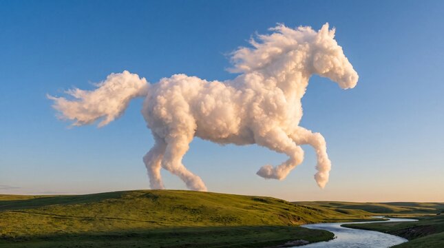 A magnificent horse cloud gallops across a clear blue sky above green hills and a winding river.
