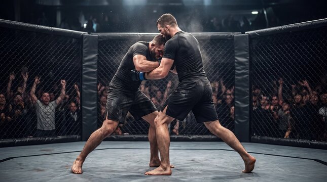 Two mma fighters face each other inside the octagon during an intense grappling match in an arena.