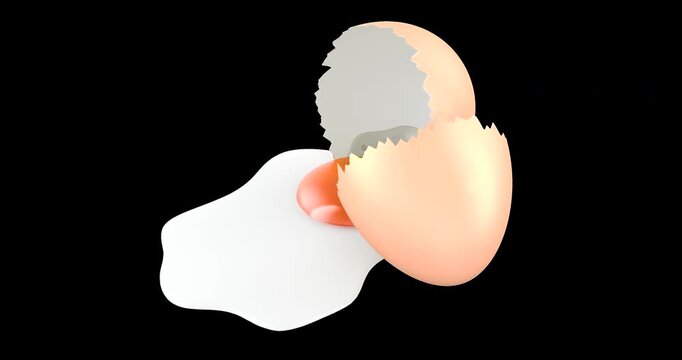 Broken chicken egg with cracked shell yolk and egg white rotation animation seamlessly loopable. 3D rendering isolated on transparent background