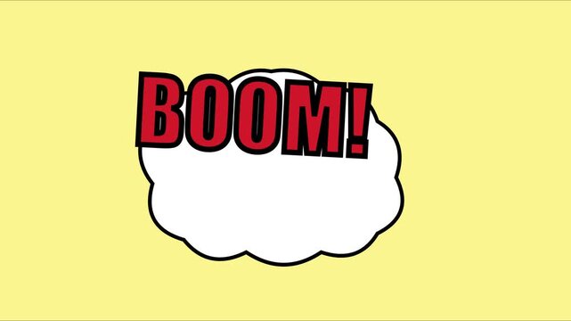 Animated boom comic speech bubble on yellow animation 4k background