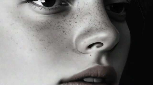 Close-up black and white portrait of a woman's face. She has dark eyes and freckles across her cheek. Her lips are slightly parted, revealing a tooth. Soft lighting highlights facial contours