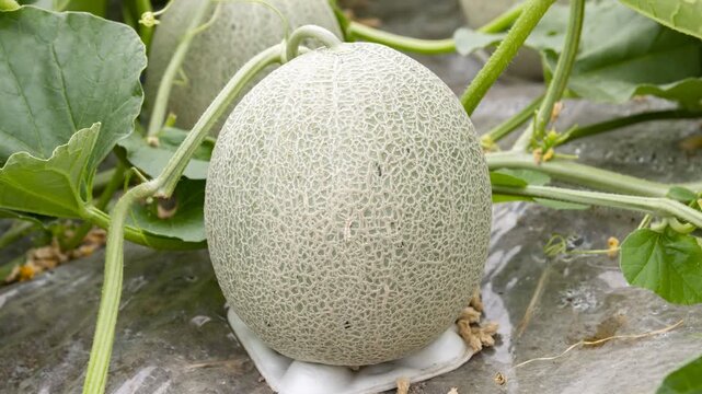 Muskmelon growing on the vine in a melon field, camera zooms in on the netted rind