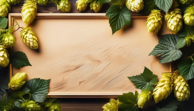 copy space on a textured panel surrounded by golden hop vine and lush green leaves
