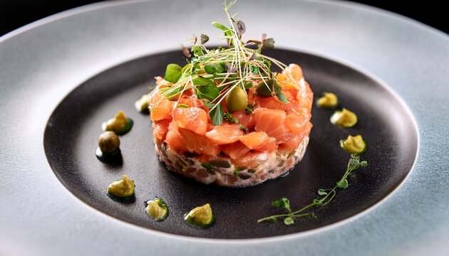 high angle photo of refined salmon and sea bream tartare garnished with green micro herbs and capers