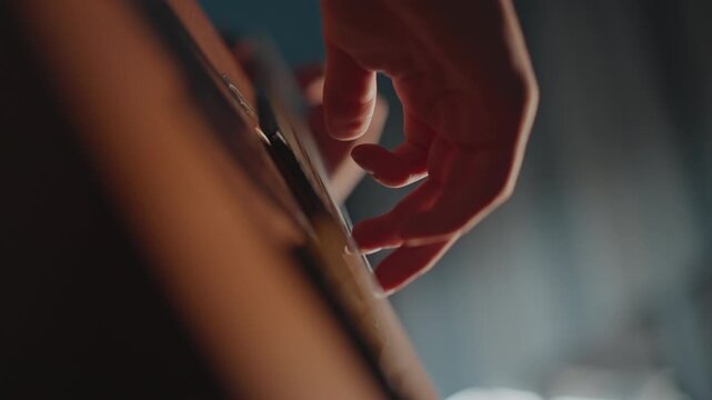 Closeup nylon string guitar tutor guiding technique in dim practice room, instructor shapes chords and arpeggios with emphasis on timing and dynamics, motivated coaching atmosphere with precise hand