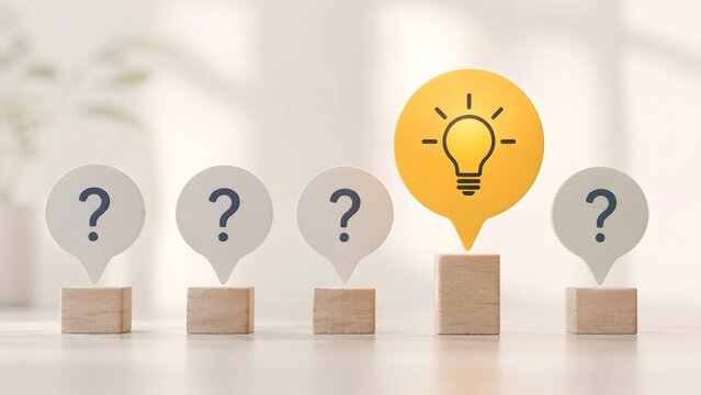 Yellow Light Bulb Map Pin Standing Out From Question Marks Concept of Finding Location for Innovative Business Solutions