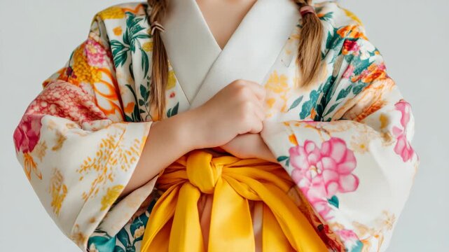 Child wears colorful floral kimono with yellow sash. Bright patterns adorn soft, traditional Japanese garment. Fingers gently grasp sash at waistline
