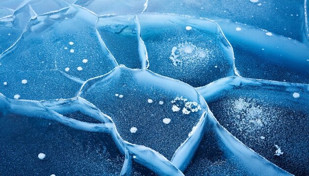 frozen ice surface with cracks and bubbles in blue tones
