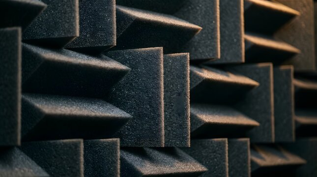 Acoustic foam panels with pyramid shapes create textured soundproofing surfaces under soft warm lighting for professional audio recording studio environments