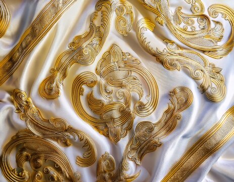 thai gold patterns decorate smooth white fabric with elegant swirls and intricate traditional motifs creating luxurious and refined textile design