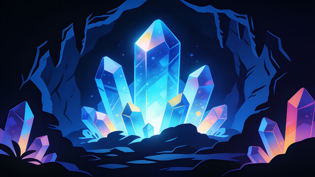 Brilliant glowing blue crystals emerge from the dark cavern floor showing vibrant gradients and sparkling light particles in this beautiful artistic digital fantasy illustration creation style