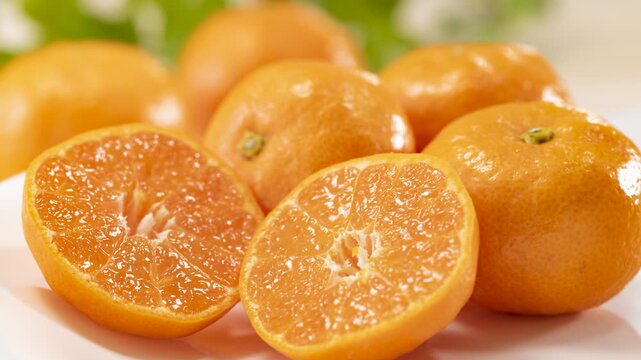 resh mandarin orange halves with glistening juice droplets in vibrant close-up food photography