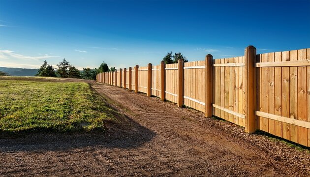 recently installed wood fence supported by heavy timber posts
