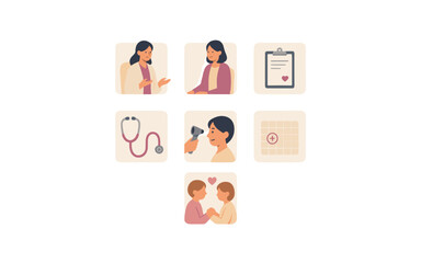 Fototapeta premium A collage of medical icons, showcasing doctor-patient interaction, medical equipment, and patient care.