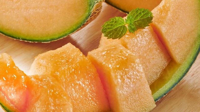 Fresh cantaloupe melon slices displayed on crushed ice with vibrant orange flesh and green rind in 4K detail