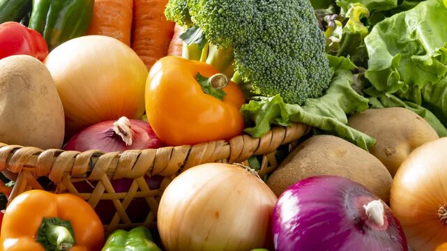 Fresh vegetables including broccoli and tomatoes arranged in wicker basket, vibrant produce assortment