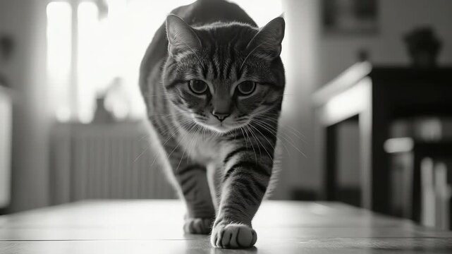 Black-and-white cat strides forward on a table. Its eyes meet the camera directly. Furry paws touch the smooth surface. Background shows blurred indoor furniture. Soft light filters from a window