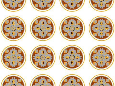 Seamless pattern of round geometric mandala tile ornaments in brown and yellow tones on a clean white background for wallpaper print and packaging design