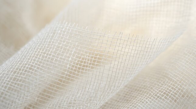 Delicate white gauze fabric with a distinct grid pattern captured in soft natural lighting creating gentle flowing wave organic folds