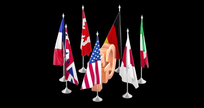 G7 concept with country flags rotation animation seamlessly loopable. 3D rendering isolated on transparent background