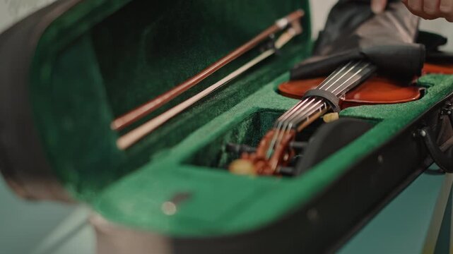 Performer arranges their musical tool. Musician methodically prepares instrument ahead of performance. Performer carefully readies musical instrument to ensure optimal playing experience