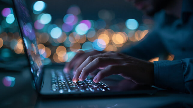 Hands Typing on Laptop Keyboard at Night with City Bokeh