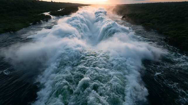Aerial View of Massive Whitewater Rapids Flowing Through River Canyon at Sunset