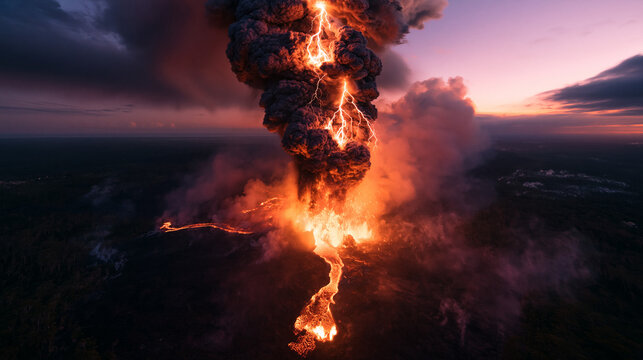 Volcanic Eruption with Lightning and Lava Flow at Sunset